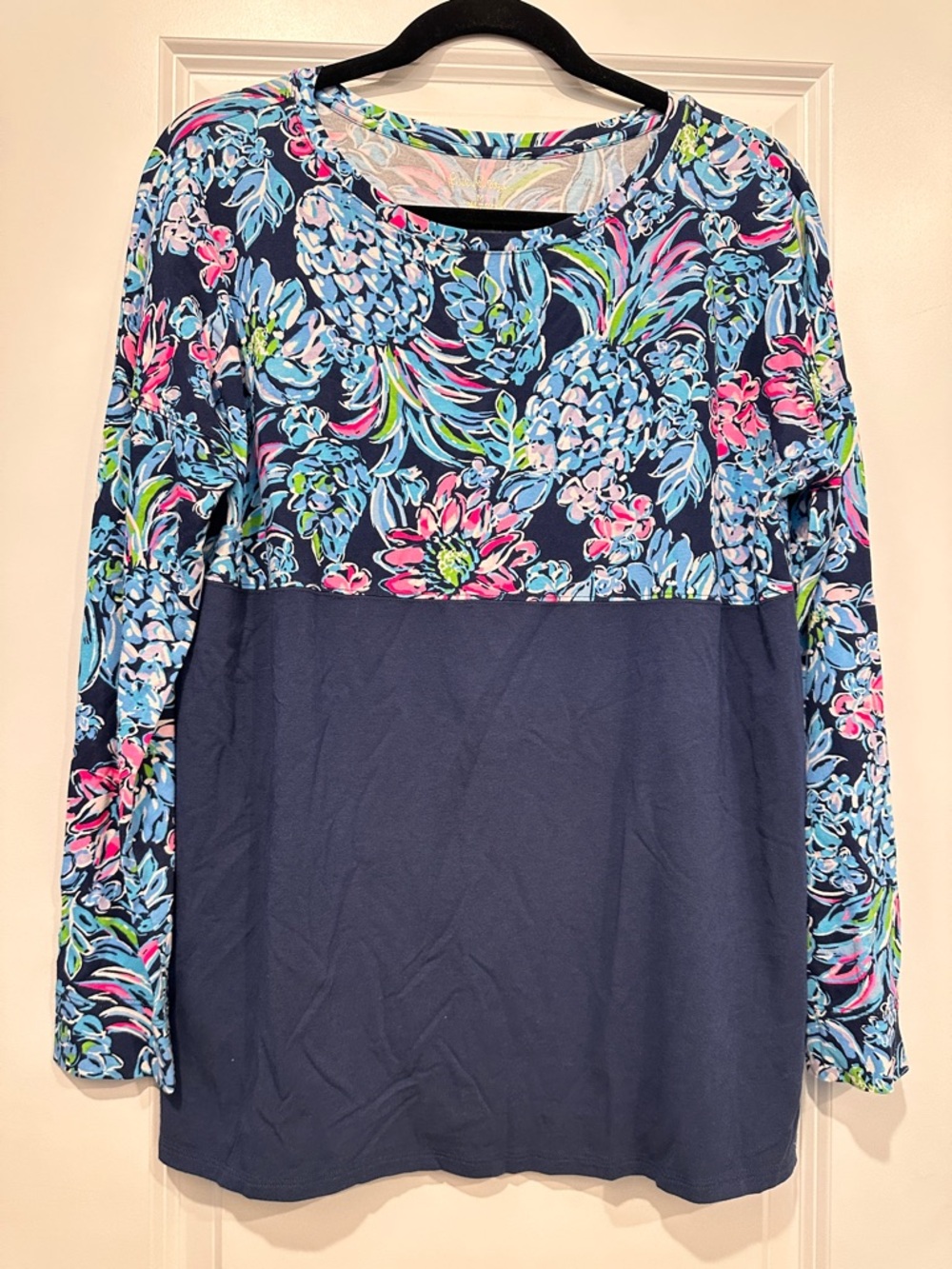 Lilly Pulitzer High Tide Pineapple Navy Floral-Print Long Sleeve Mixed Panel Top